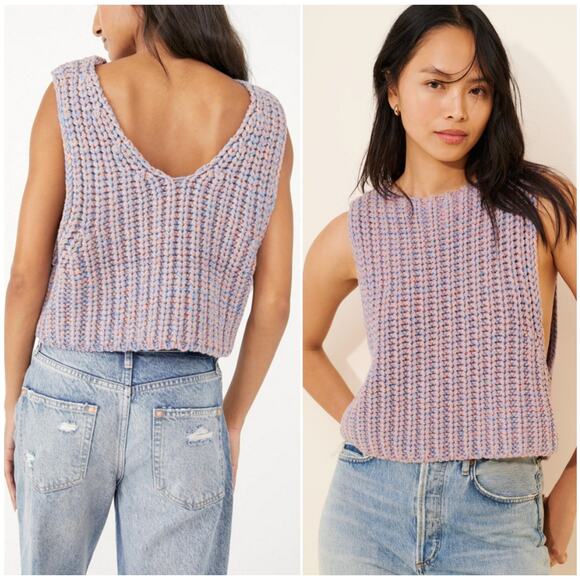 FREE PEOPLE Hoopla Chunky Knit Pullover Vest Blue Orange | Small - Picture 1 of 8